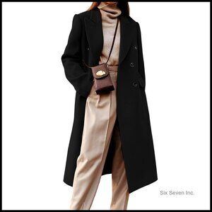 Women's Long Wool Pea Coat Double Breasted Trench Winter Coat